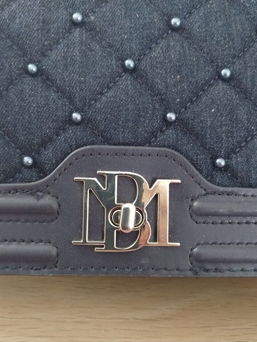 Badgley Mischka Denim Diamond Quilted Crossbody With Pearl Accents - Picture 2 of 9